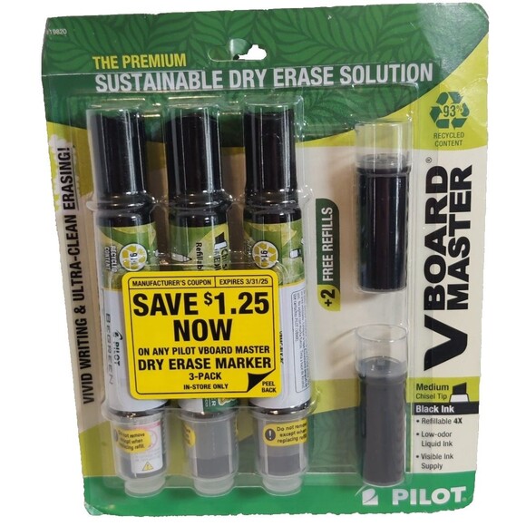 Pilot V Board Master Premium Dry Erase Markers Black 3 Pack, 2 Free Refills NEW - Picture 1 of 4